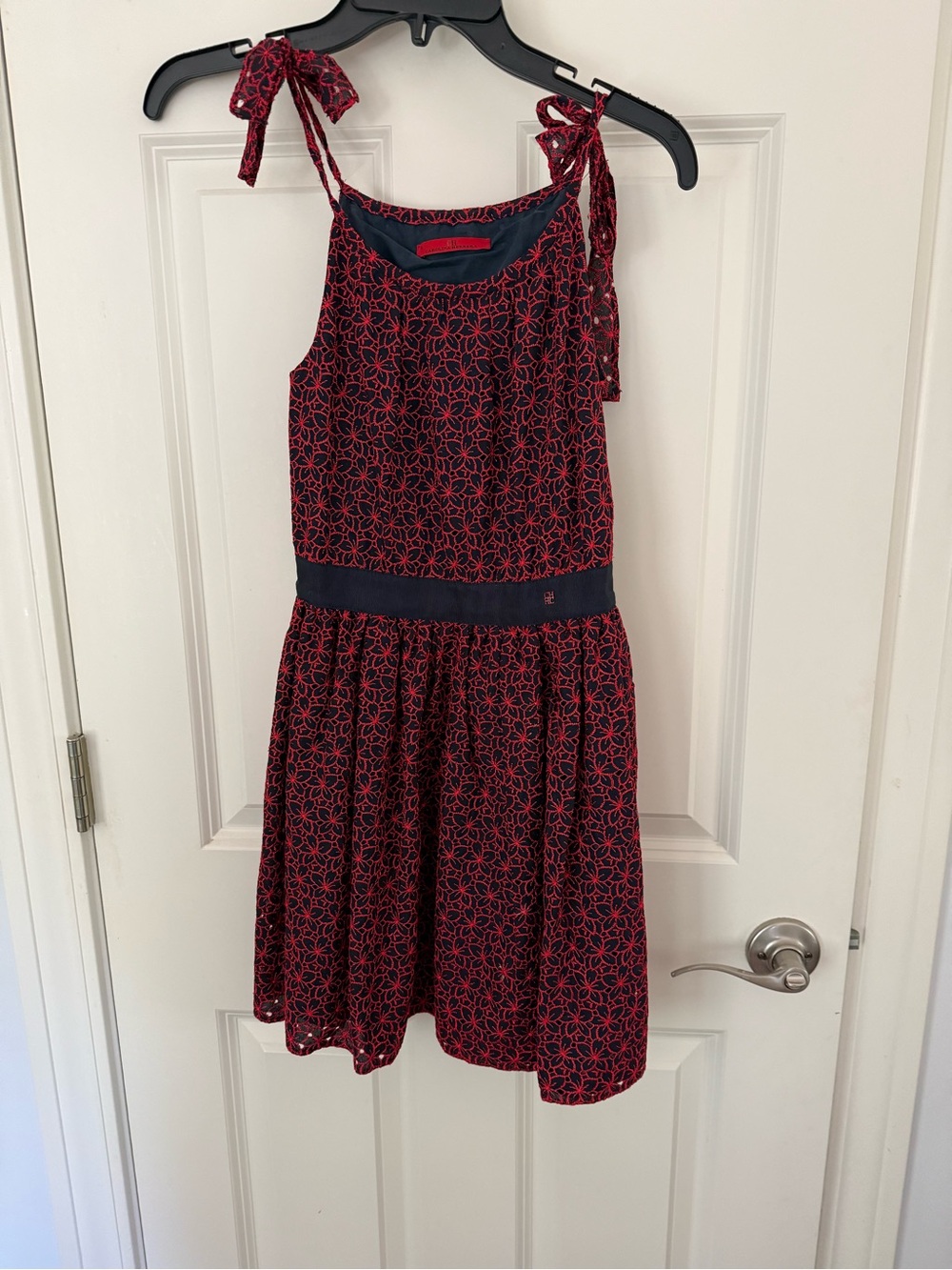 Caroline Herrera Navy and Red Tie-Shoulder Dress